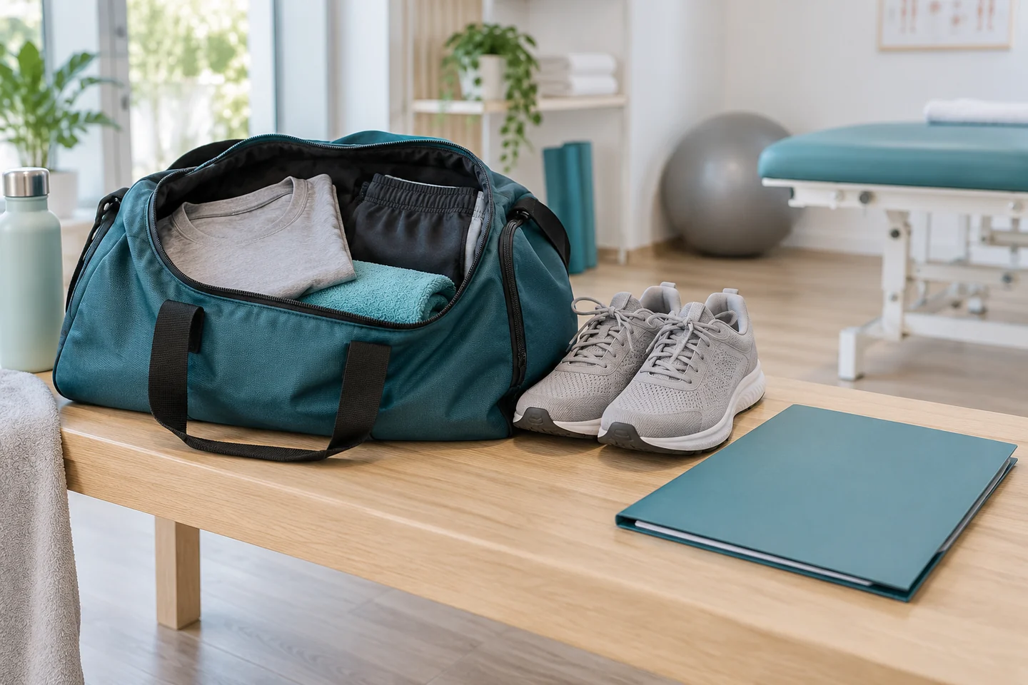 Sports bag with comfortable clothing, trainers and an examination folder