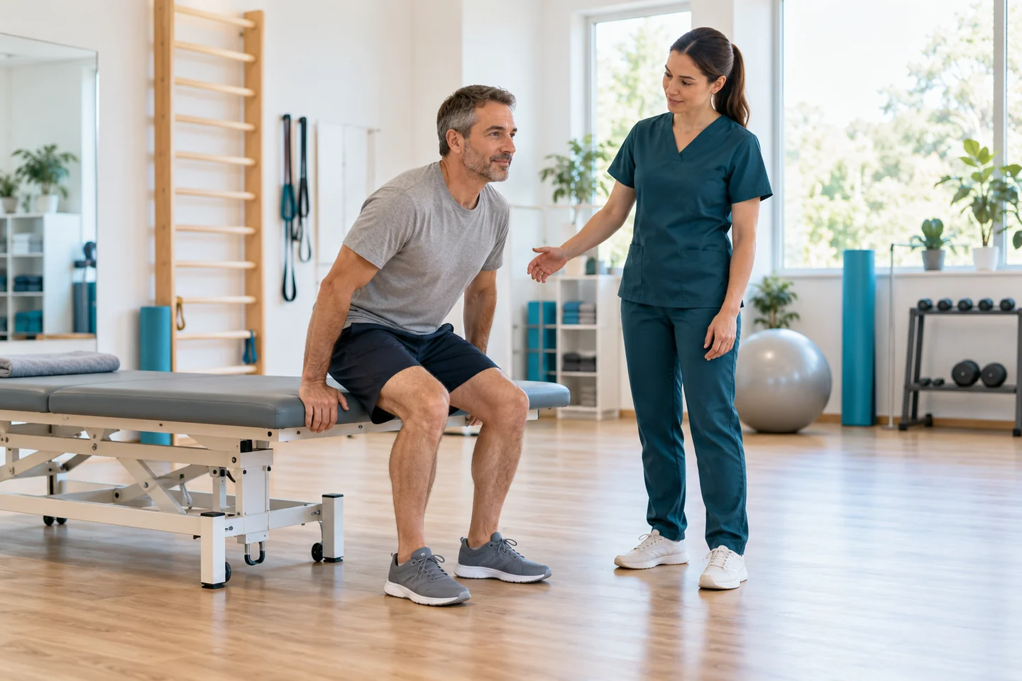 Physiotherapist supervising a controlled sit-to-stand exercise