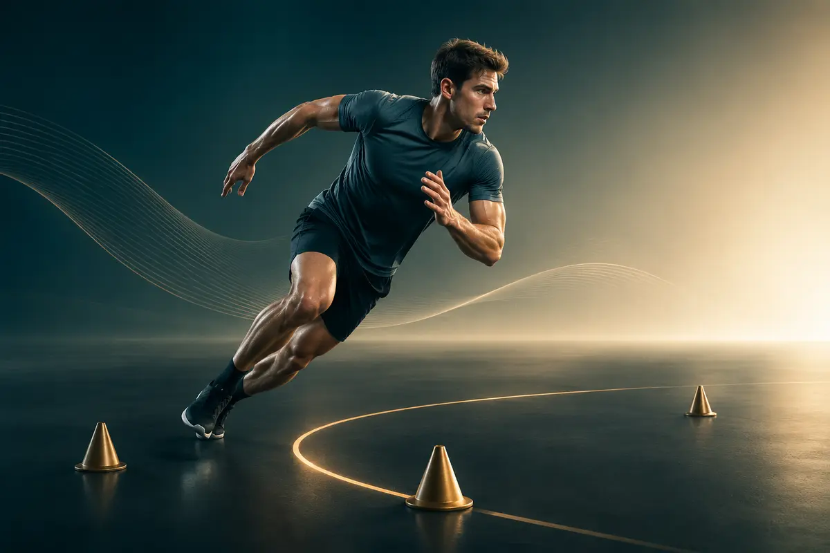 Illustration of an athlete changing direction between cones.