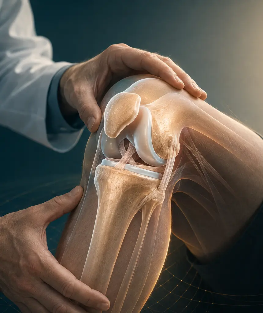 Illustration of a knee examination with the joint structures visible.