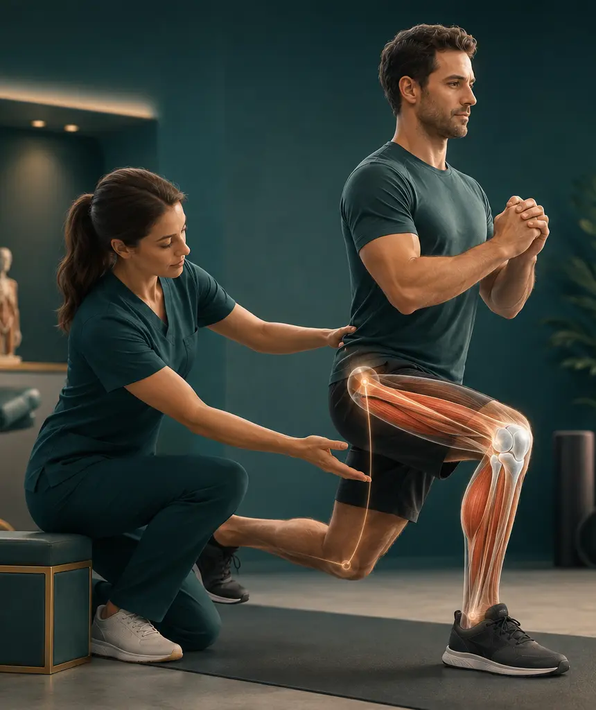 Illustration of a physiotherapist guiding a lunge exercise with leg anatomy highlighted.