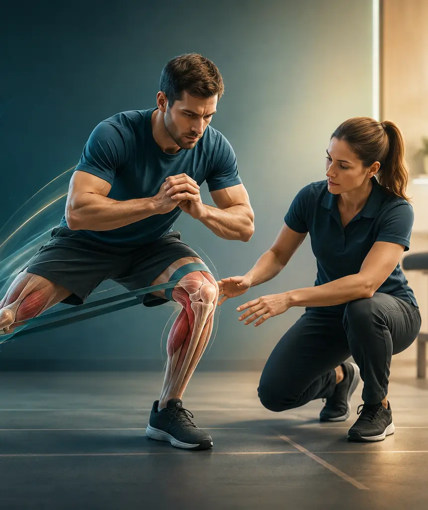 Illustration of a physiotherapist guiding a lateral exercise with knee anatomy highlighted.