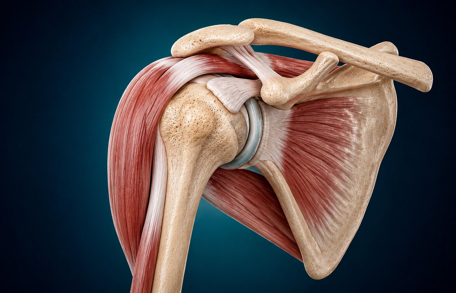 Ilustrim anatomik 3D i shpatullës, me kockat, muskujt dhe tendinat.