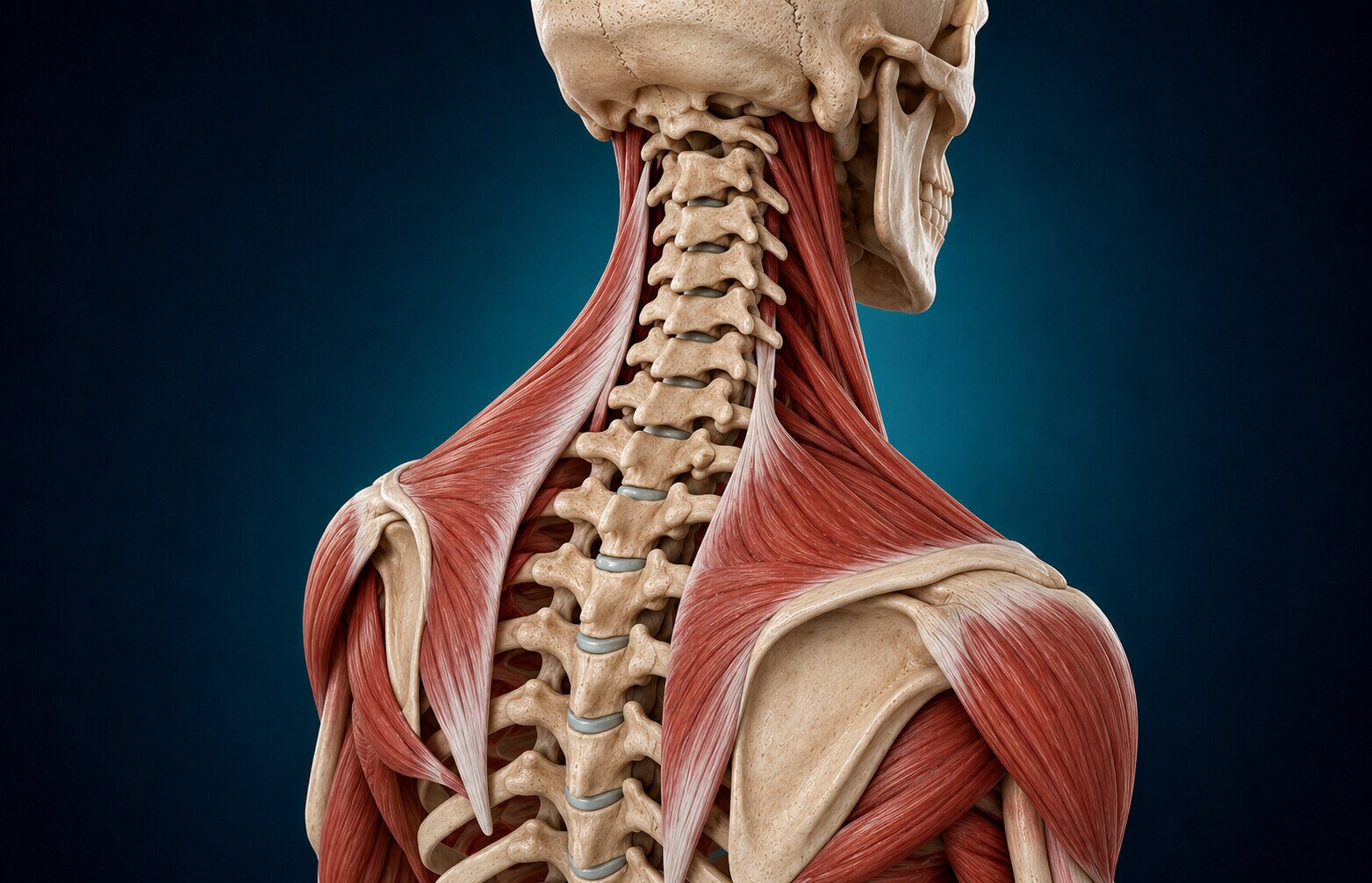 Ilustrim anatomik 3D i shtyllës kurrizore, qafës dhe muskujve përreth.