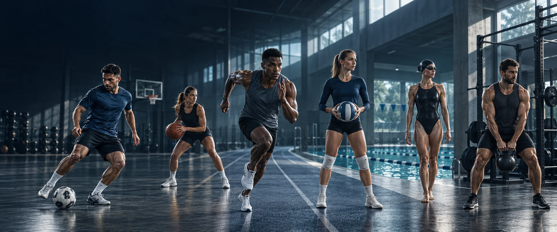 Ilustrim multisport me futboll, basketboll, vrapim, volejboll, not dhe stërvitje force
