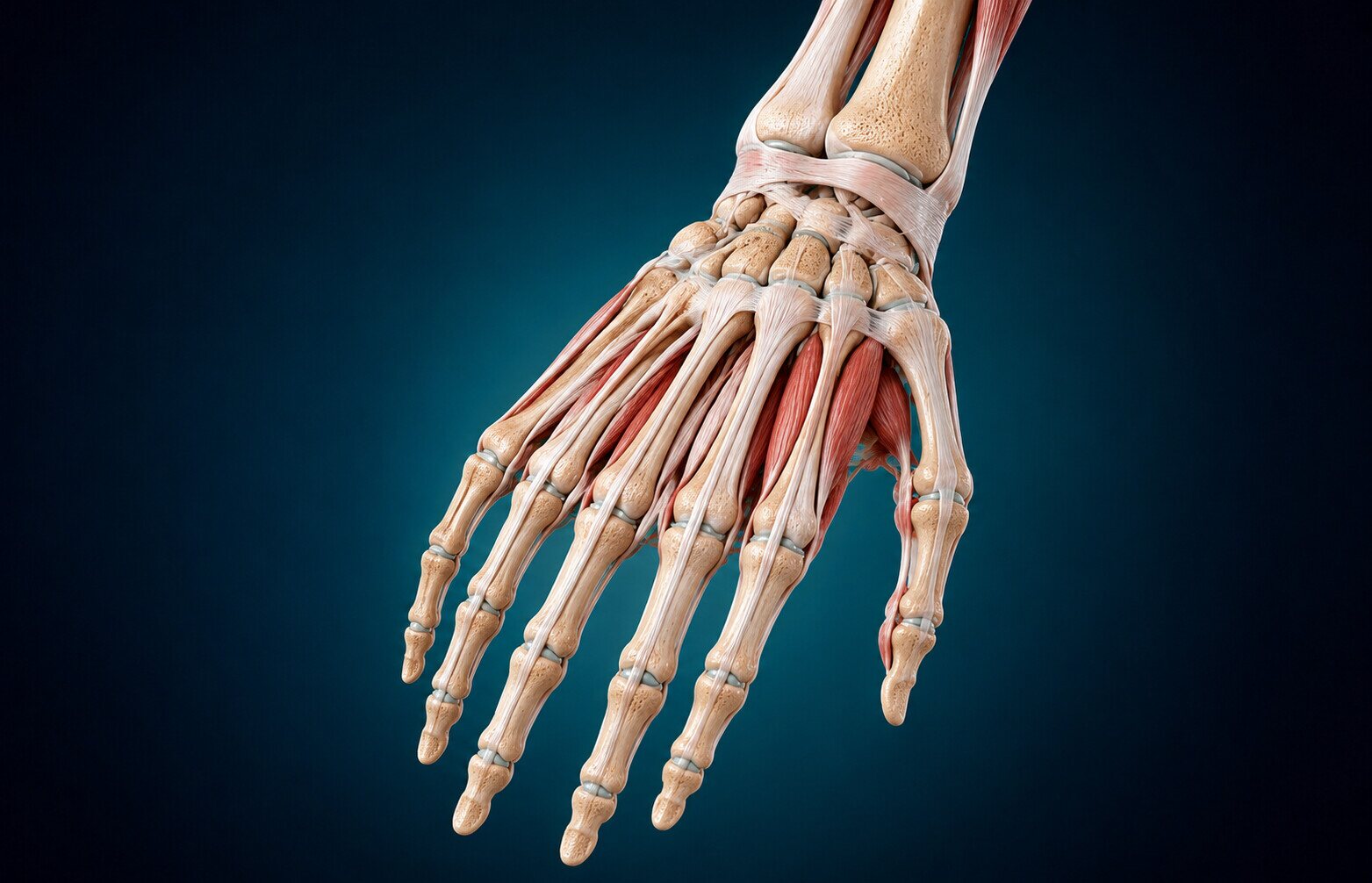 Ilustrim anatomik 3D i kyçit të dorës dhe dorës, me kockat dhe tendinat.